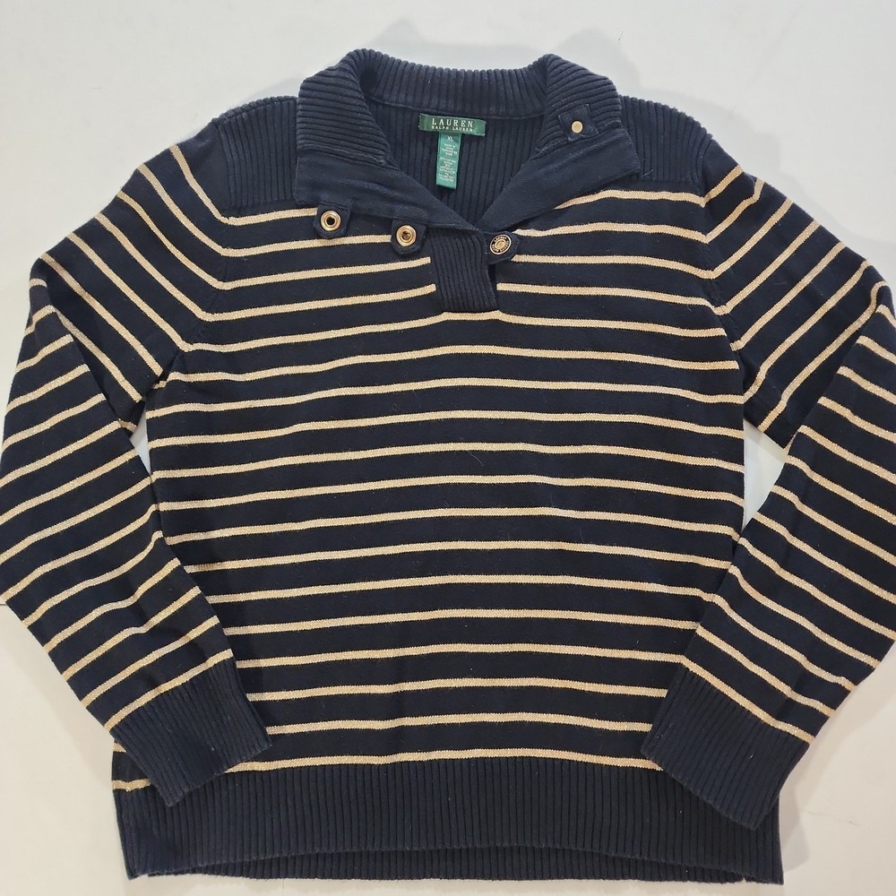 Lauren Ralph Lauren Women XL Knit Sweater Black Gold Metallic Stripe Snap